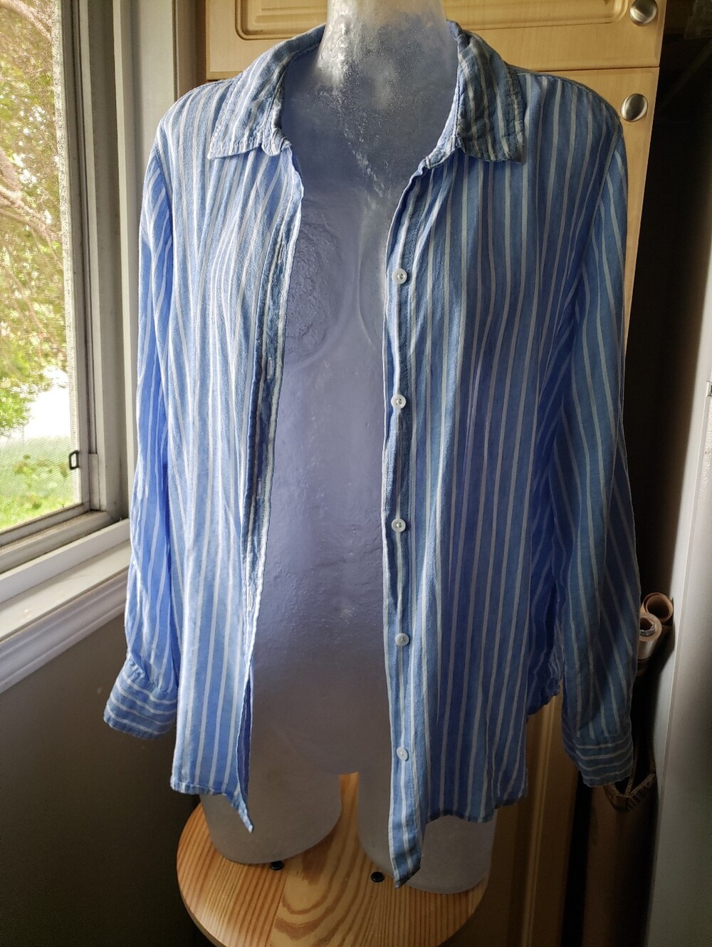 Lola River Linen Blend Light Blue & White Striped Button Shirt